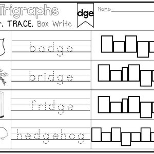 10 Printable Trigraph Words Color, Trace, Write, Box Write Worksheets. Kindergarten-2nd Grade ELA Worksheets.