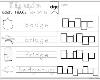 10 Printable Trigraph Words Color, Trace, Write, Box Write Worksheets. Kindergarten-2nd Grade ELA Worksheets.