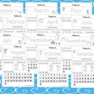 12 afdrukbare pagina's met werkbladen voor kleuters. Maand, dag, datum, weer. Interactief notitieboek voor thuisonderwijs.