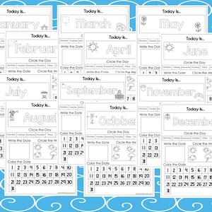 12 Printable Preschool Calendar Worksheet Pages. Month, Day, Date, Weather. Interactive Homeschool Notebook.