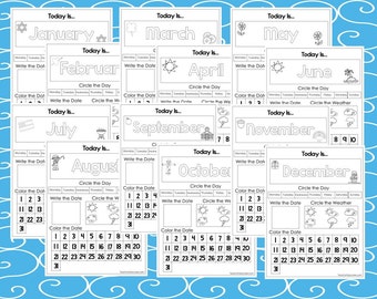 12 Printable Preschool Calendar Worksheet Pages. Month, Day, Date, Weather. Interactive Homeschool Notebook.
