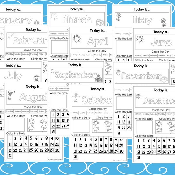 12 pages imprimables de feuille de calcul du calendrier préscolaire. Mois, jour, date, météo. Cahier interactif pour l'école à la maison.