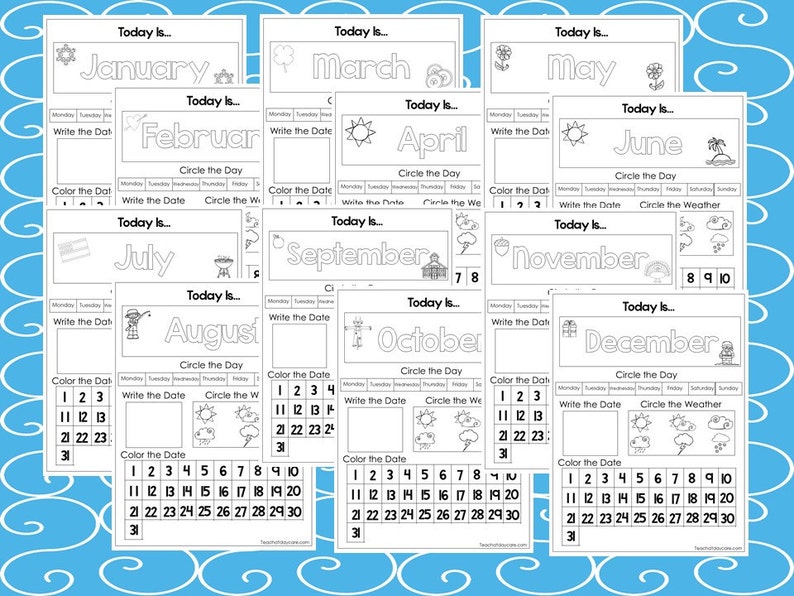 12 Printable Preschool Calendar Worksheet Pages. Month, Day, Date, Weather. Interactive Homeschool Notebook. 