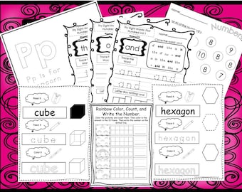 May include: Black and white printable worksheets for kids to learn the alphabet, numbers, and shapes. The worksheets include tracing, coloring, and counting activities. The worksheets feature the letter "P", the word "and", the number 8, and the shape hexagon.