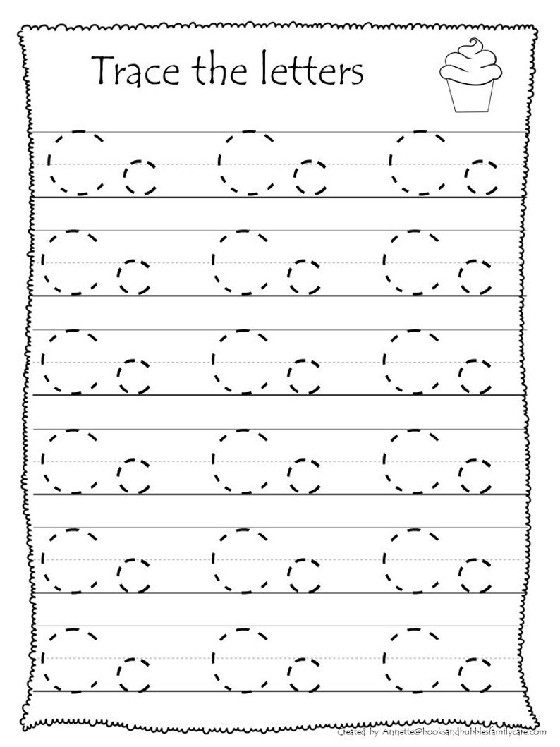 May include: Black and white worksheet with the text "Trace the letters" and a cupcake illustration. The worksheet has six rows of dotted lines for tracing the letter "C".