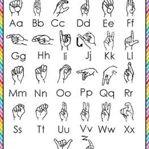 Single Printable Rainbow Border ASL Alphabet Reference Poster.  Prints 8.5 x 11 inches.