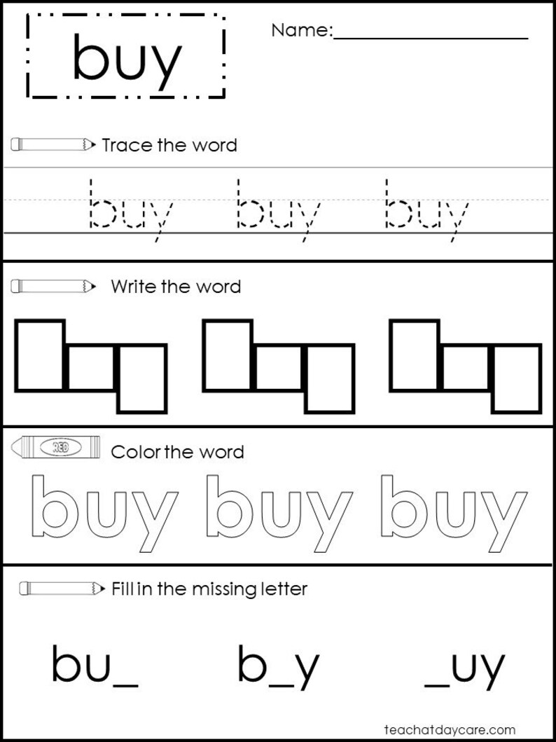May include: Black and white worksheet with the word "buy" in large letters at the top. The worksheet includes sections for tracing, writing, and coloring the word, as well as filling in missing letters.