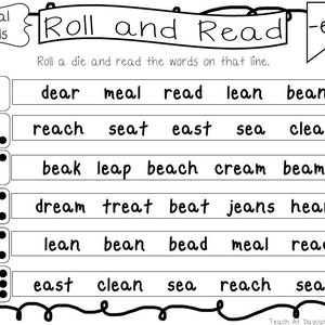 10 hojas de trabajo imprimibles para rodar y leer vocales especiales y vocales dobles. Actividad de fonética de preescolar a 2º grado.