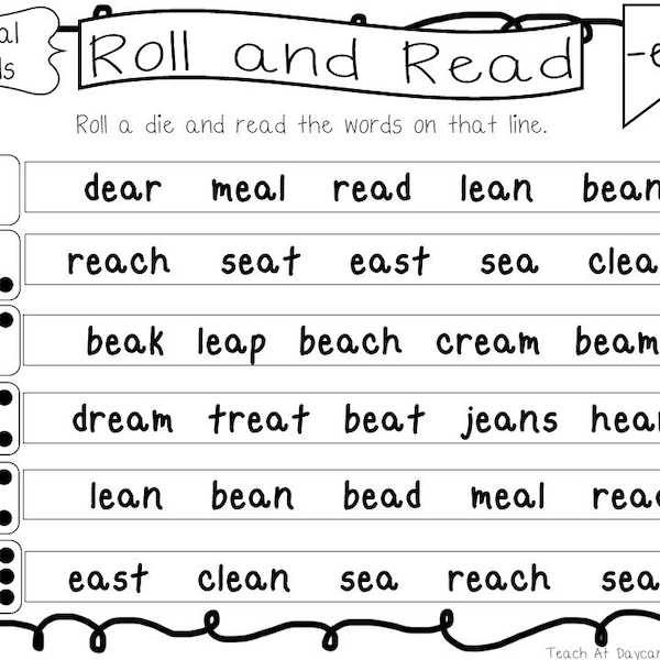 10 Printable Roll and Read Special Vowel and Double Vowel Worksheets.  Preschool-2nd Grade Phonics Activity.