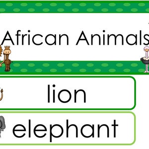 Conjunto de pared de palabras con temática de una sola semana de animales africanos. Etiquetas para tablones de anuncios de aula para niños de preescolar, guardería y jardín de infantes.