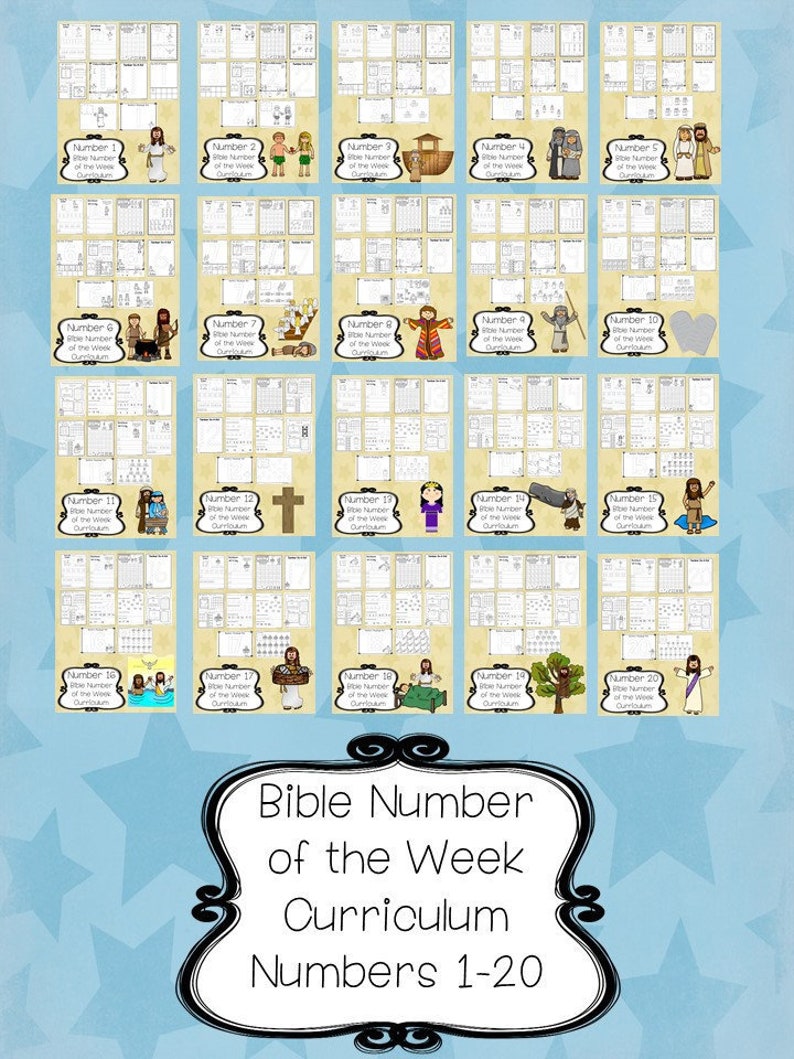 May include: A set of 20 printable worksheets for a Bible Number of the Week curriculum. Each worksheet features a different Bible story and number, from 1 to 20. The worksheets are black and white and have a simple design.