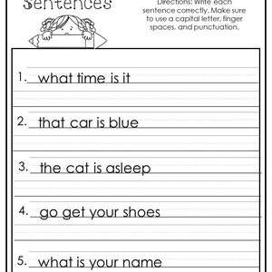 May include: Black and white worksheet with the text "Correct the Sentences" at the top. The worksheet has five sentences that need to be corrected by adding punctuation and capitalization. The sentences are: "what time is it", "that car is blue", "the cat is asleep", "go get your shoes", and "what is your name".