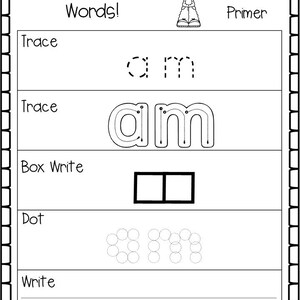 May include: A black and white worksheet for learning sight words. The word "am" is shown in dotted lines for tracing, then in a box for writing, and finally as a set of circles for dotting. The worksheet is titled "Let's Learn Sight Words!" and includes the words "Trace", "Box Write", "Dot", and "Write".