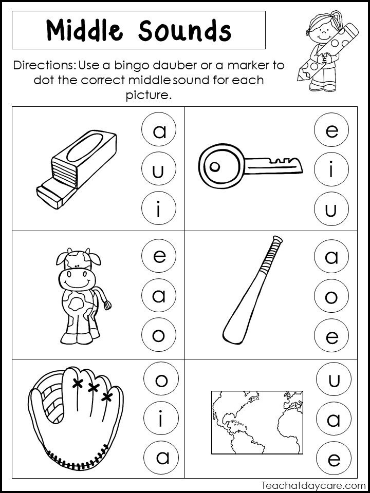 10 printable middle sounds worksheets preschool 1st grade etsy
