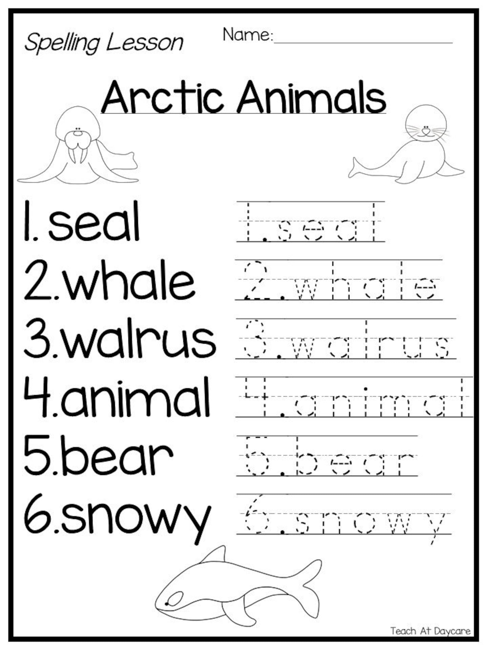 Kindergarten Arctic Animals Themed Words Homeschool Single Etsy