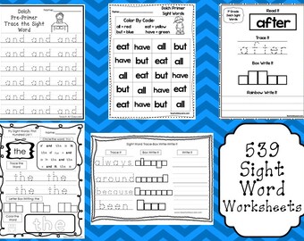 1,739 Sight Word Worksheets Download. Preschool-3rd Grade ELA. ZIP file.