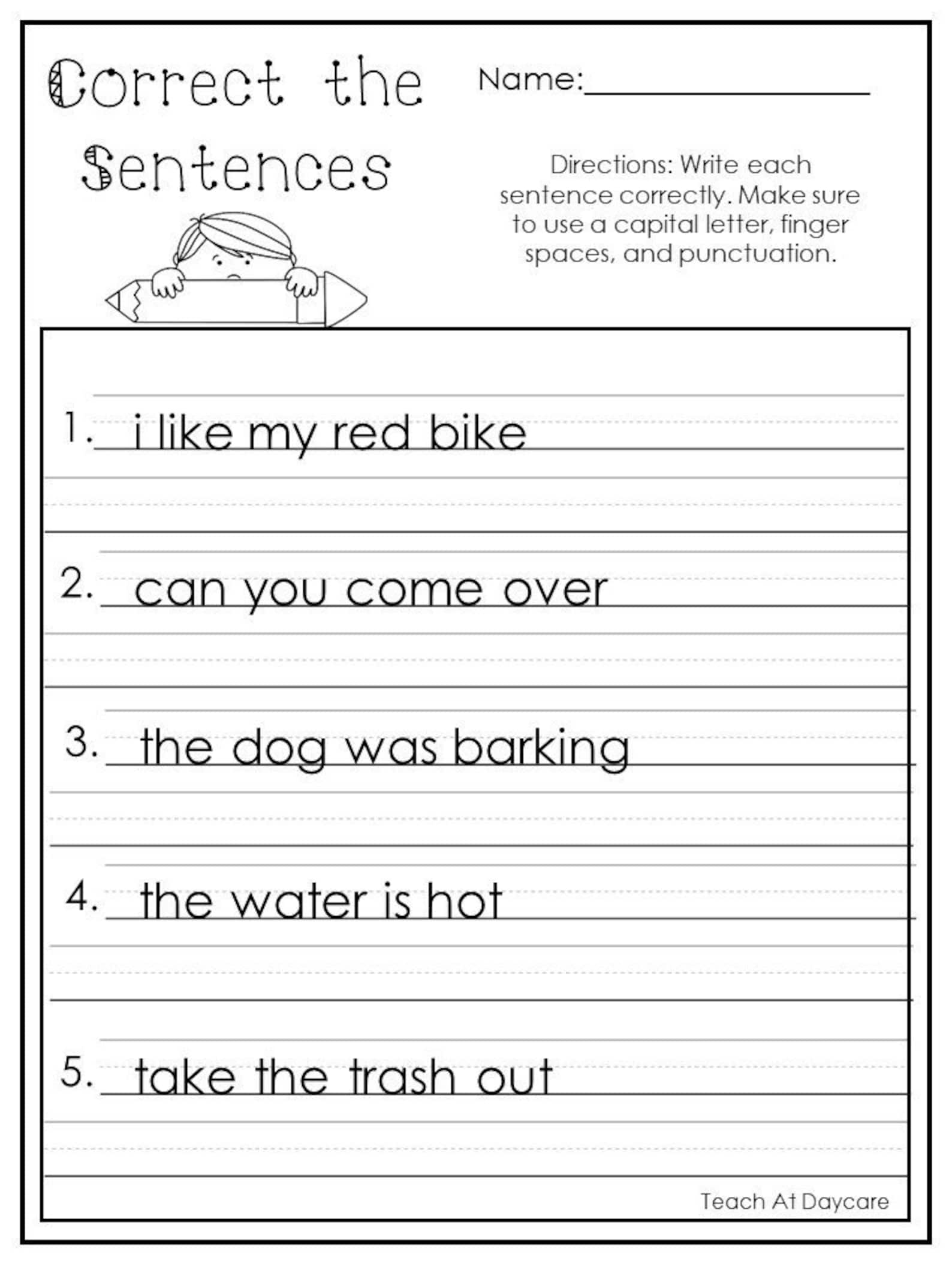 10 Printable Correct The Sentences Worksheets 1st 2nd Grade Etsy