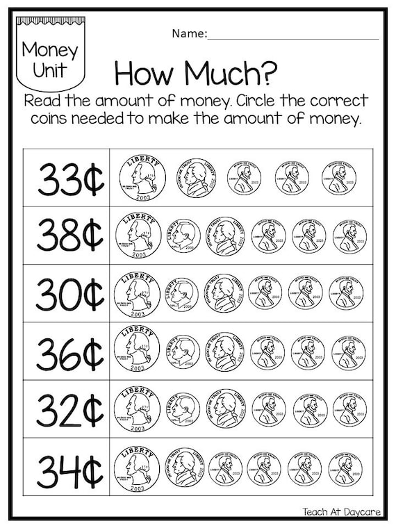 25 circle the correct amount of money worksheets kindergarten etsy