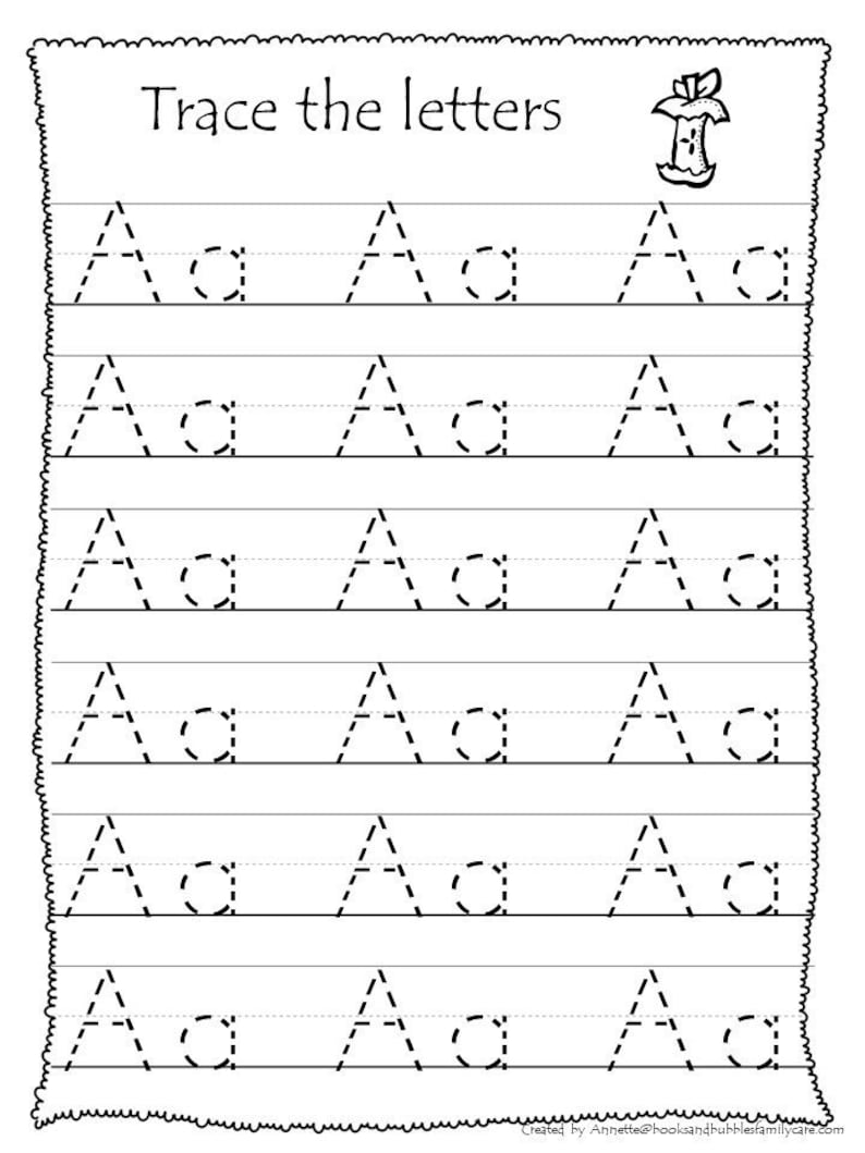 May include: A printable worksheet for tracing the uppercase and lowercase letter A. The worksheet has six rows of the letter A with dashed lines to guide the user.