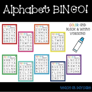 Alphabet BINGO Game and Worksheets. Color & Black and White.