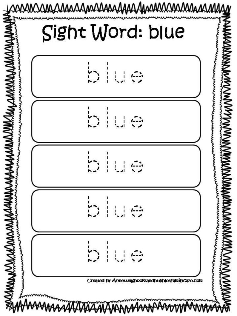 May include: Black and white worksheet with the word "blue" written at the top. There are five lines with dashed lines forming the word "blue" on each line.