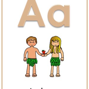 May include: A brown letter A and a lowercase a with a cartoon illustration of Adam and Eve holding an apple. The text "Adam" is below the letters.
