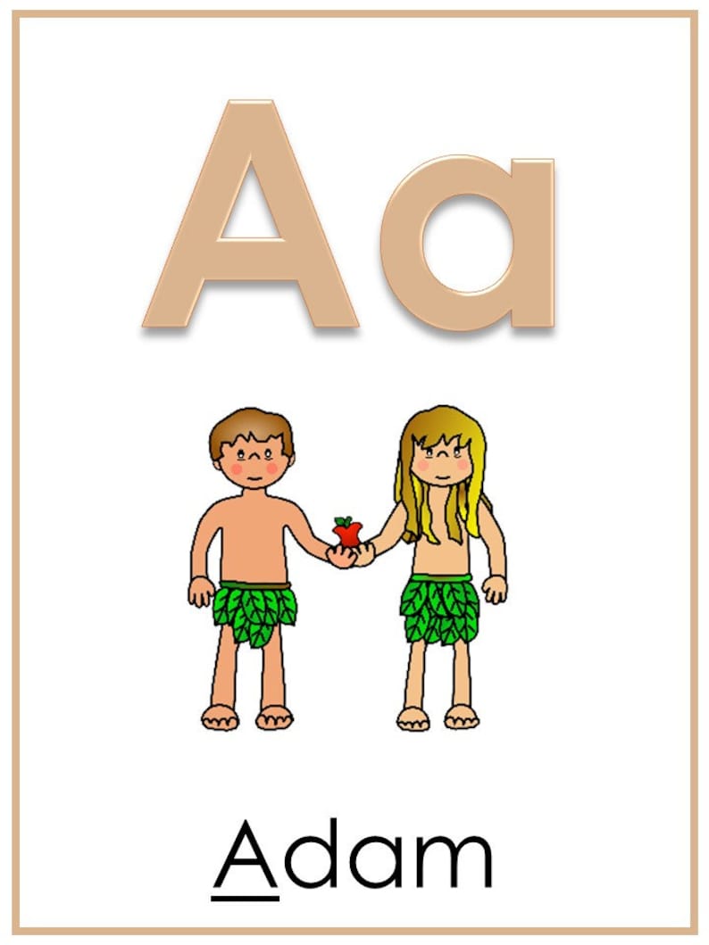 May include: A brown letter A and a lowercase a with a cartoon illustration of Adam and Eve holding an apple. The text "Adam" is below the letters.