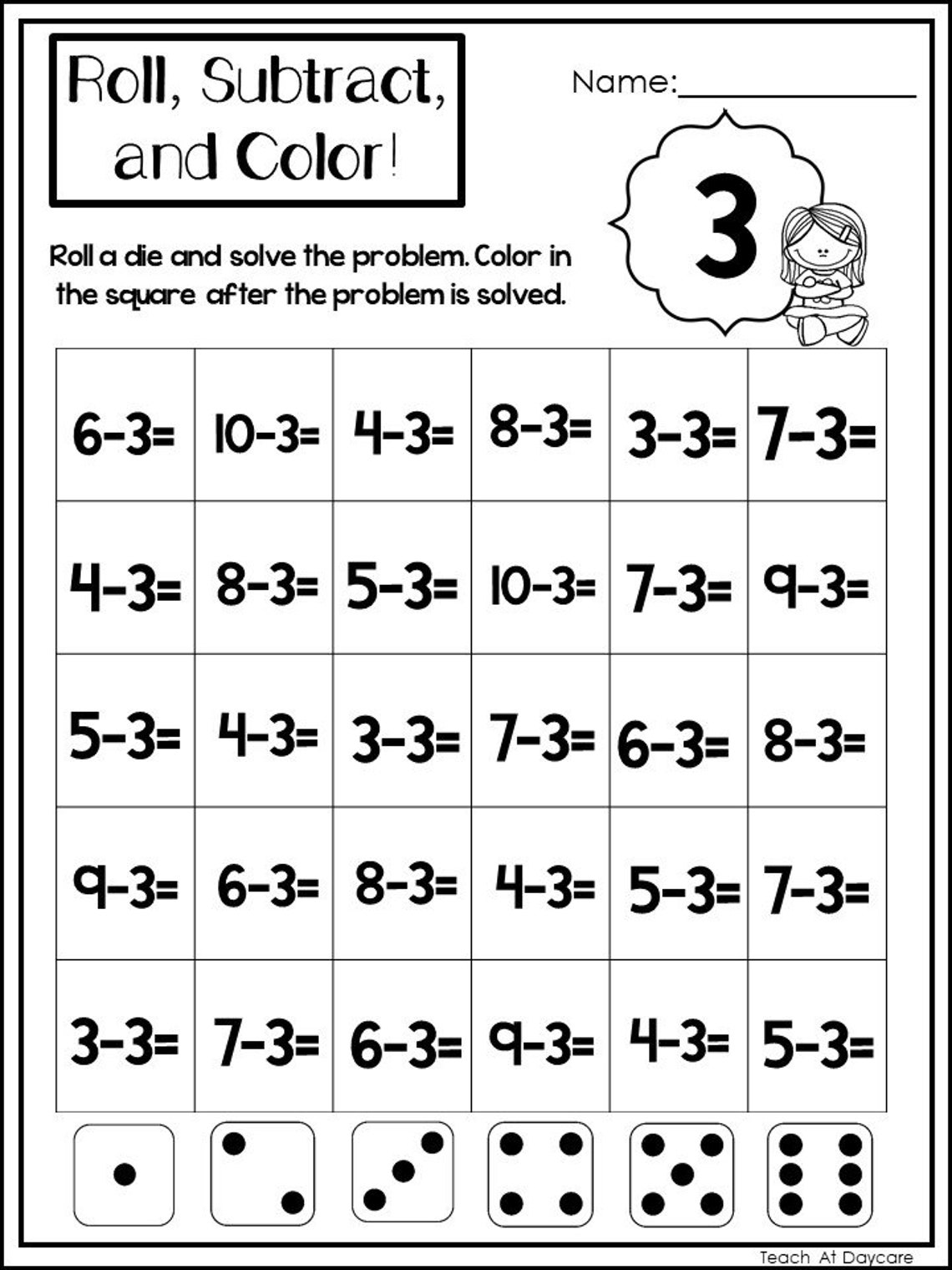 10 Printable Roll Subtract and Color Worksheets. Numbers | Etsy