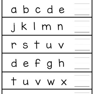 Pode incluir: Folha de trabalho em preto e branco com o texto "Fill In the Missing Letter" no topo. A folha de trabalho tem seis linhas de letras com um espa&ccedil;o em branco para a letra que falta em cada linha. As letras s&atilde;o: a b c d e, j k l m n, r s t u v, d e f g h, t u v w x, o p q r s.