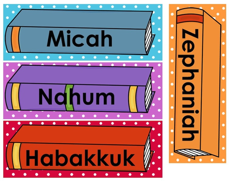 May include: Three colorful book spines with the names Micah, Nahum, and Habakkuk. A fourth orange spine with the name Zephaniah is shown to the right.