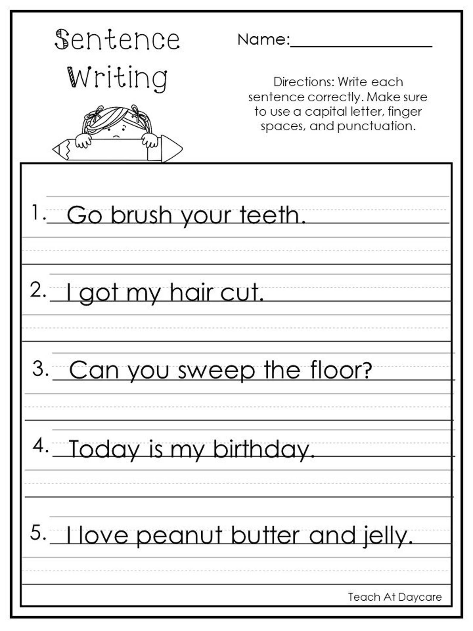 Writing Sentence Worksheets