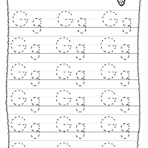 May include: A printable worksheet with the letter 'g' in dashed lines for tracing. The worksheet has the text 'Trace the letters' at the top and a cluster of grapes in the top right corner.
