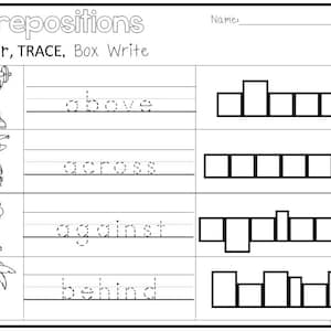 8 Printable Prepositions Color, Trace, Box Write Worksheets. 1st-2nd Grade ELA Worksheets.