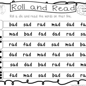 Op de afbeelding: Een zwart-wit werkblad met een dobbelsteen en zes rijen woorden. Elke rij heeft zes woorden die allemaal eindigen op "ad", zoals "bad", "sad", "rad", "mad", "dad" en "fad". Het werkblad heeft de titel "Roll and Read" en heeft een klein plaatje van een boek in de linkerbovenhoek.