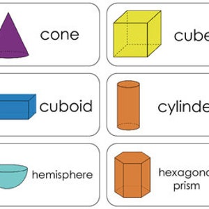 11 Tarjetas didácticas de referencia rápida de etapas iniciales de formas 3D. Tarjetas didácticas de matemáticas de preescolar a primer grado para la pared de palabras en el aula y el estudio de matemáticas.