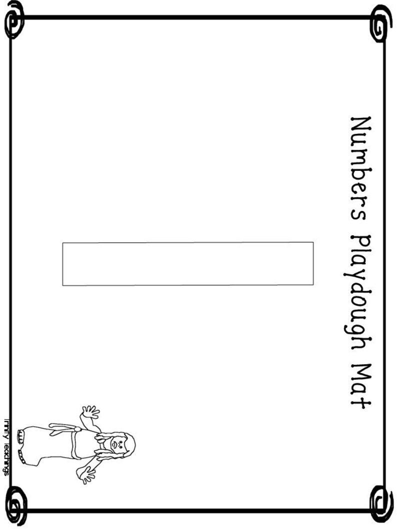 May include: A black and white printable playdough mat with a blank rectangle in the center and the text "Numbers Playdough Mat" on the right side. The mat has a decorative border.