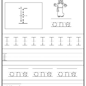 May include: Black and white worksheet for learning the number one. The worksheet includes a picture of a person, the word "one" written multiple times, and lines for practicing writing the number one.