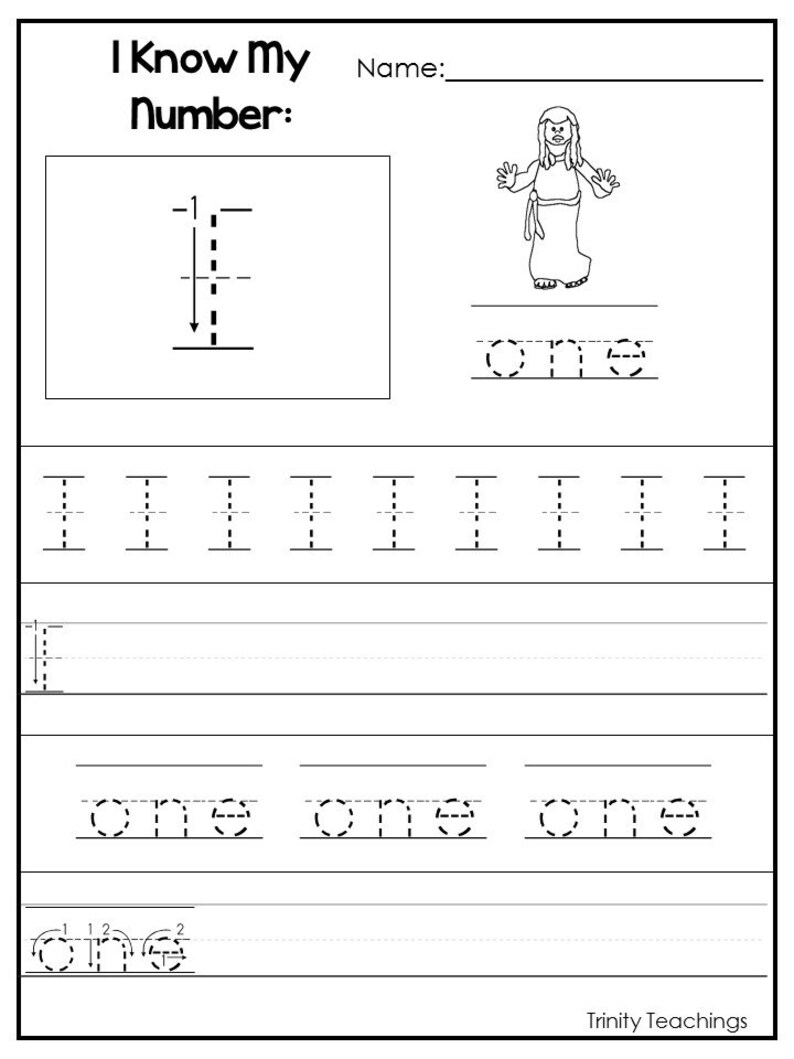 May include: Black and white worksheet for learning the number one. The worksheet includes a picture of a person, the word "one" written multiple times, and lines for practicing writing the number one.