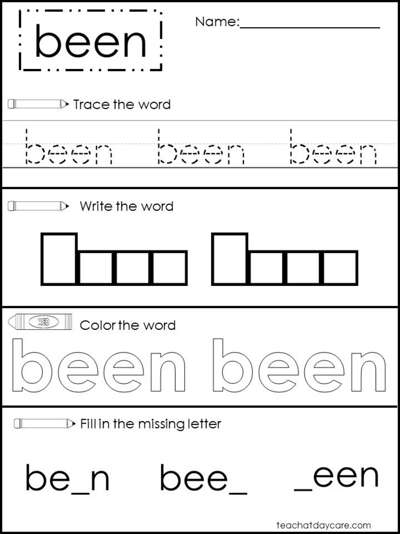May include: A black and white worksheet with the word "been" in various activities. Includes tracing, writing, coloring, and filling in missing letters. The worksheet is designed for early childhood education.