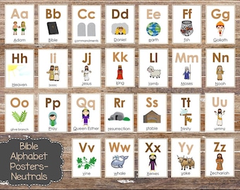 26 Neutral Colors Bible Alphabet Posters. Preschool-Kindergarten Phonics.