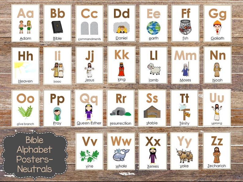 May include: A set of 26 alphabet posters featuring illustrations of Bible stories and characters. Each poster has a brown background with a white letter and a corresponding word below. The posters are designed in a neutral color scheme.