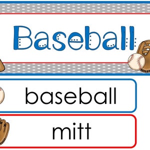 Conjunto de pared de palabras con temática deportiva de una sola semana de béisbol. Etiquetas para tablones de anuncios de aula para niños de preescolar, guardería y jardín de infantes.