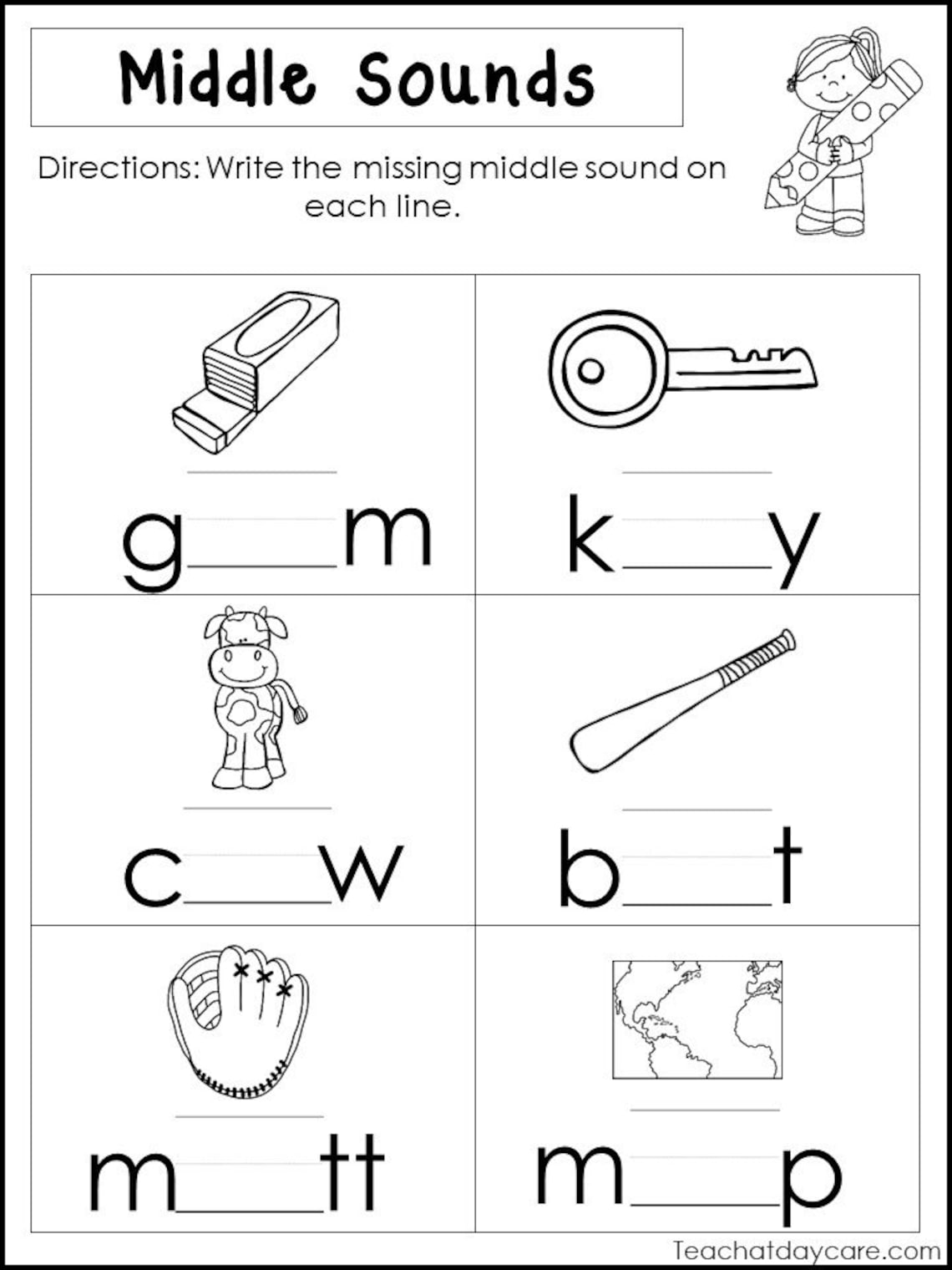 10 Printable Middle Sounds Worksheets. Preschool-1st Grade | Etsy