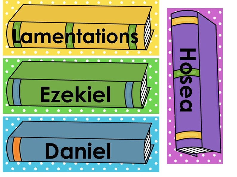 May include: Three colorful book spines with the titles "Lamentations", "Ezekiel", and "Daniel" and a purple book spine with the title "Hosea".