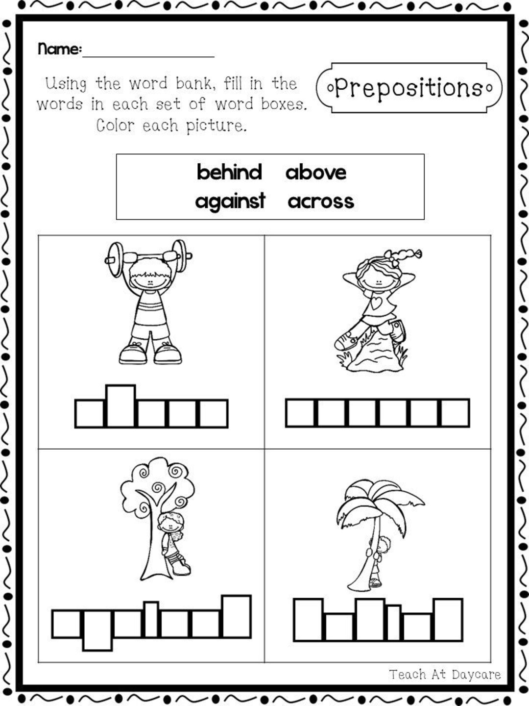 9 Printable Prepositions Box Writing and Tracing Worksheets. 1st3rd