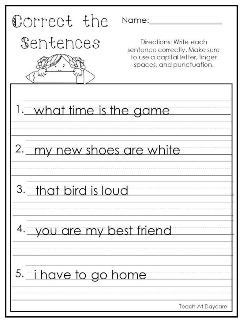 10 Printable Correct The Sentences Worksheets 1st 2nd Grade Etsy