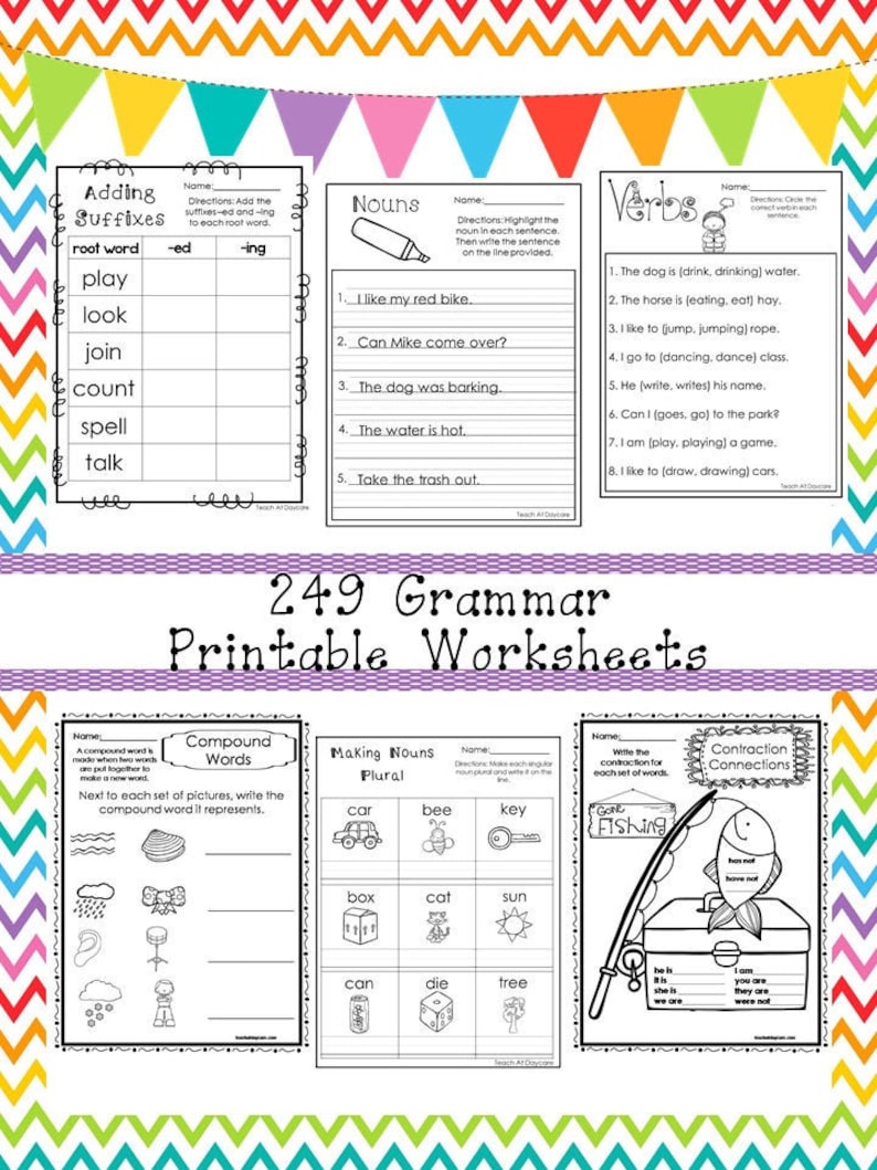 Peut inclure: Un ensemble de feuilles de travail imprimables pour enseigner la grammaire aux enfants. Les feuilles de travail couvrent des sujets tels que l'ajout de suffixes, l'identification des noms, des verbes, des mots compos&eacute;s, la formation du pluriel des noms et les contractions. Les feuilles de travail pr&eacute;sentent des illustrations color&eacute;es et des activit&eacute;s stimulantes.