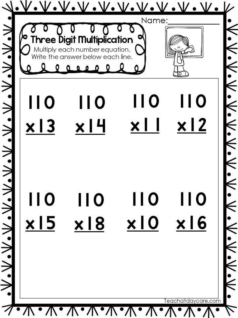 35 printable three digit multiplication worksheets numbers etsy