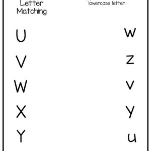 Pode incluir: Uma folha de trabalho para combinar letras mai&uacute;sculas e min&uacute;sculas. As letras U, V, W, X, Y e Z est&atilde;o listadas no lado esquerdo da p&aacute;gina, e suas contrapartes min&uacute;sculas est&atilde;o listadas no lado direito da p&aacute;gina.