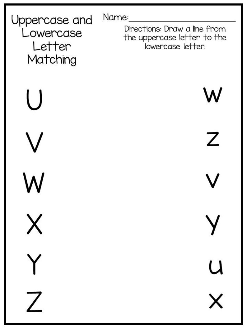 Pode incluir: Uma folha de trabalho para combinar letras mai&uacute;sculas e min&uacute;sculas. As letras U, V, W, X, Y e Z est&atilde;o listadas no lado esquerdo da p&aacute;gina, e suas contrapartes min&uacute;sculas est&atilde;o listadas no lado direito da p&aacute;gina.